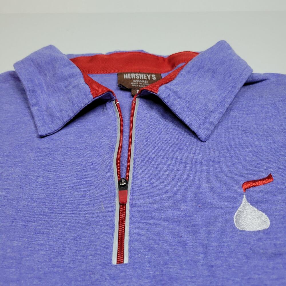 HERSHEY'S Chocolate World Uniform Quarter Zip Tee Fitted Light Blue Red Womens M
